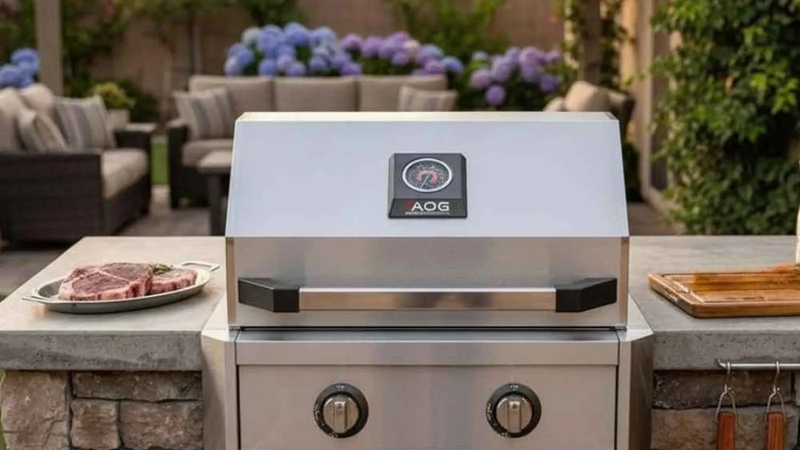 AOG T-Series built-in gas grill in an outdoor kitchen on a covered patio