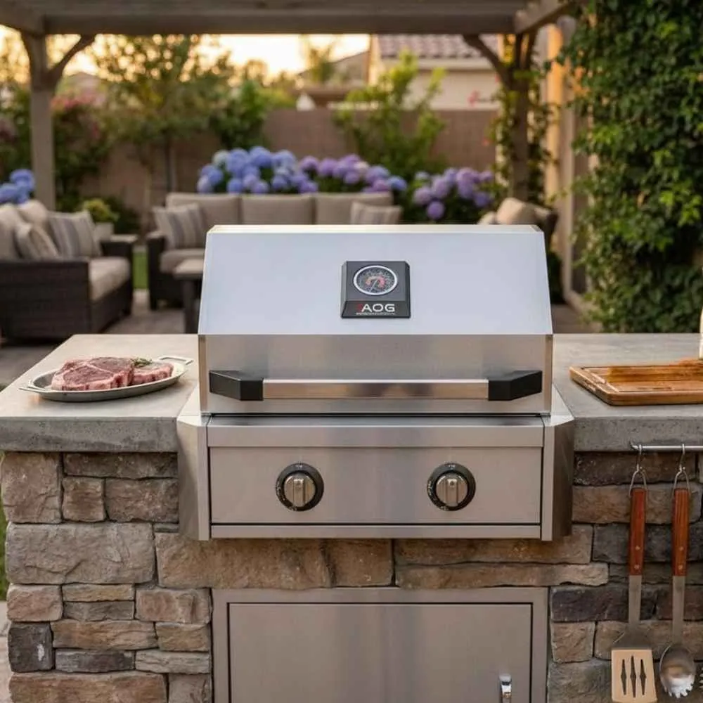 AOG 24-inch T-Series built-in gas grill in a stacked stone outdoor kitchen island