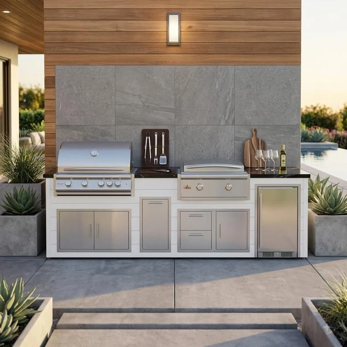 Blaze outdoor kitchen with a built-in grill, griddle, storage doors and an outdoor refrigerator
